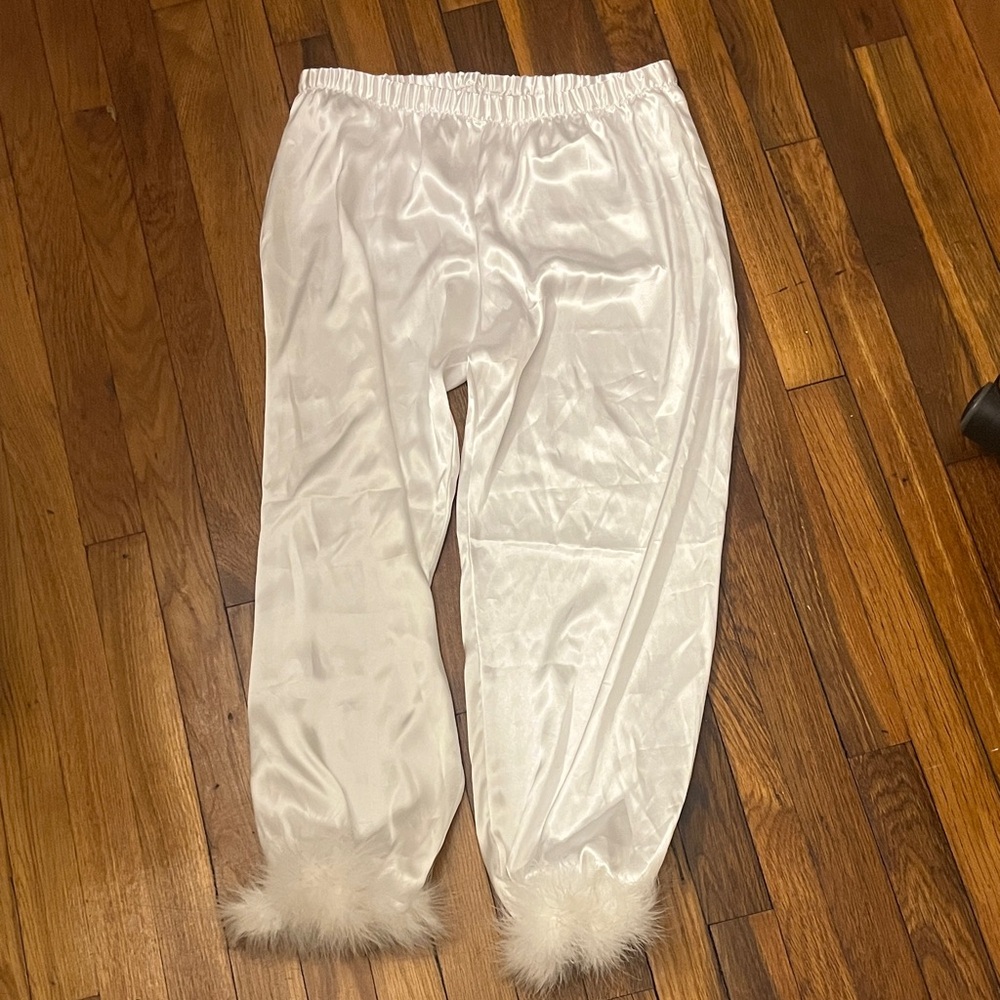 White silky Pajama Pants with feather Trim